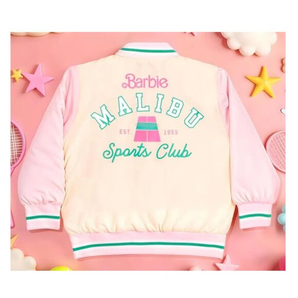 Barbie Girls Varsity Jacket Pink & Ivory –Size 4, 5, 6X Official Mattel Apparel - Picture 2 of 3